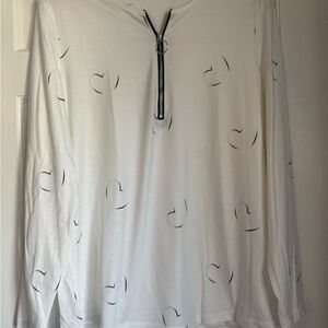 White Long Sleeve Zip Front Tee with Navy Heart Accents